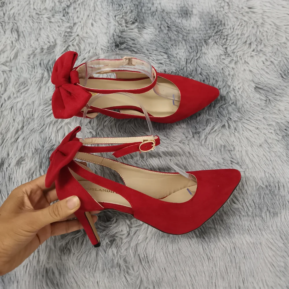 Loslandifen Women Pumps Pointed Toe Ankle Strap Sandals Slingback Pumps Bow High Heels Kitten Heel Party Red Wedding Dress Shoes