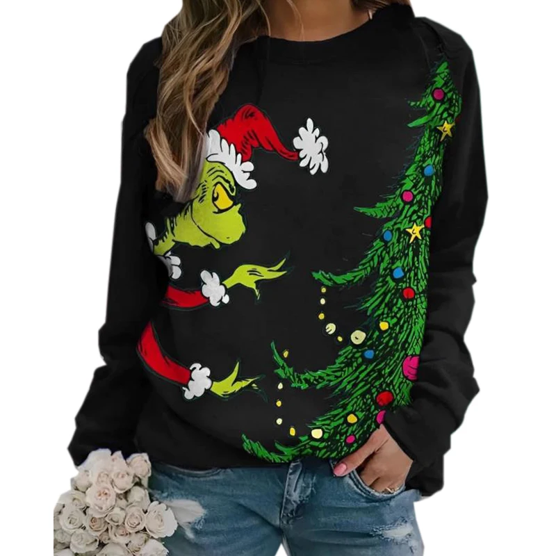 

2020 Autumn and Winter Printed Christmas Sweatshirts Women Fashion Loose Hooded Sweet Pullovers Student Trendy Tops Black Green