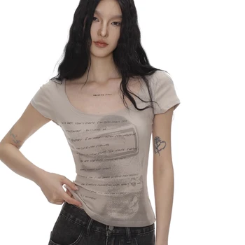 2024 Summer Women Retro Sweet Spicy Skinny Tops Lady Bean Green Casual T-Shirts Girls Letter Portrait Print Short Sleeve Clothes 1
