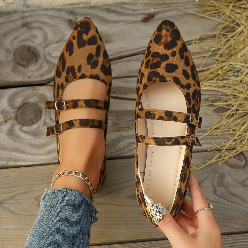 Women's niche pointed-toe leopard print flat shoes, 2025 new French-style one-strap shallow-mouth single shoes, commuting shoes