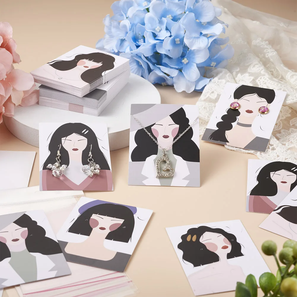 Kissitty 120Pcs/Set 6 Style Rectangle Cardboard Earring Display Cards With Cellophane Bags For Jewlery Display 6X8cm
