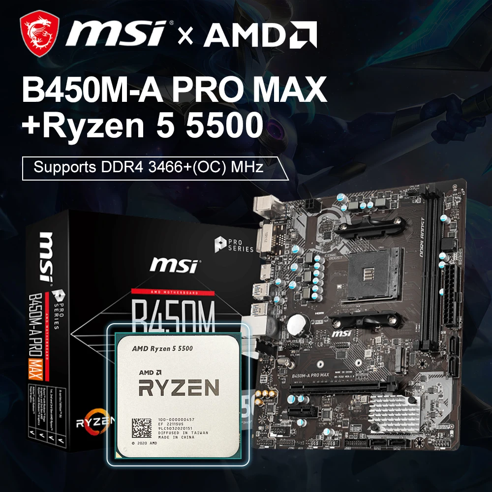 Msi B450M A Pro Max Scheda Madre + Amd R5 5500 Kit Cpu Micro Atx Amd B450 Ddr4 M.2 Usb3.2 Stat 3.0 Ssd 64G Socket Am4 Placa Mae
