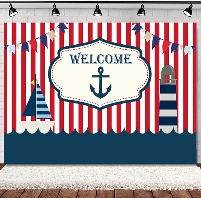 Red White Striped Photo Photography Backdrop Ahoy Anchor Boat Boy