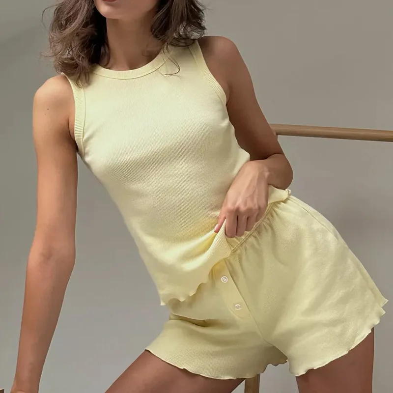 Casual Solid Ribbed Knit Lounge Set Womens Sleeveless Tank Top and Lettuce Hem Shorts Two Piece Summer Pajama Outfit Homewear