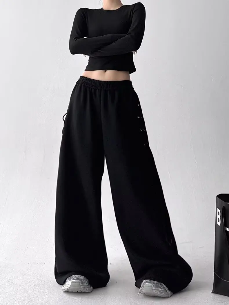 American Style Side Tie Loose Straight Leg Sport Pants Women's High Waist Wide Leg Pants Design Sensation Casual Pants
