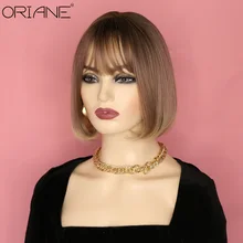 

ORIANE Rose Gold Short Straight Synthetic Wigs For Women Lolita Wig With Bangs Cosplay Wig For Gril High Temperature Fiber Wigs