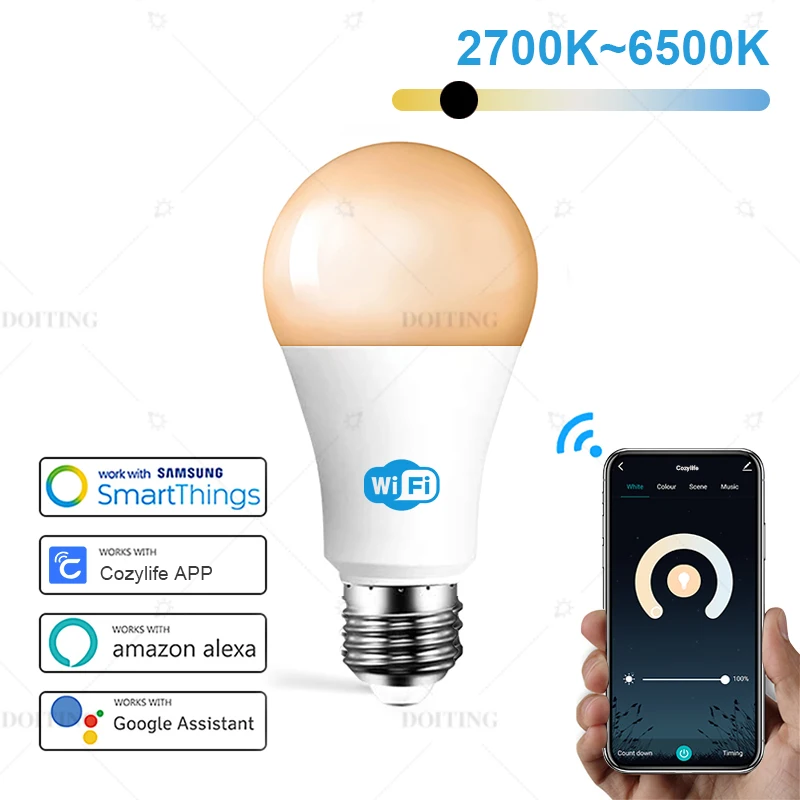 와이파이 스마트 CW LED 전구 램프, E27 AC220-240V 밝기 조절 가능, 차갑고 따뜻한 스마트 전구, 음성 제어, 알렉사 구글 홈, 15W