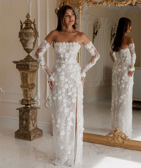 Vestido de ocasión a medida con mangas largas y abertura Floral