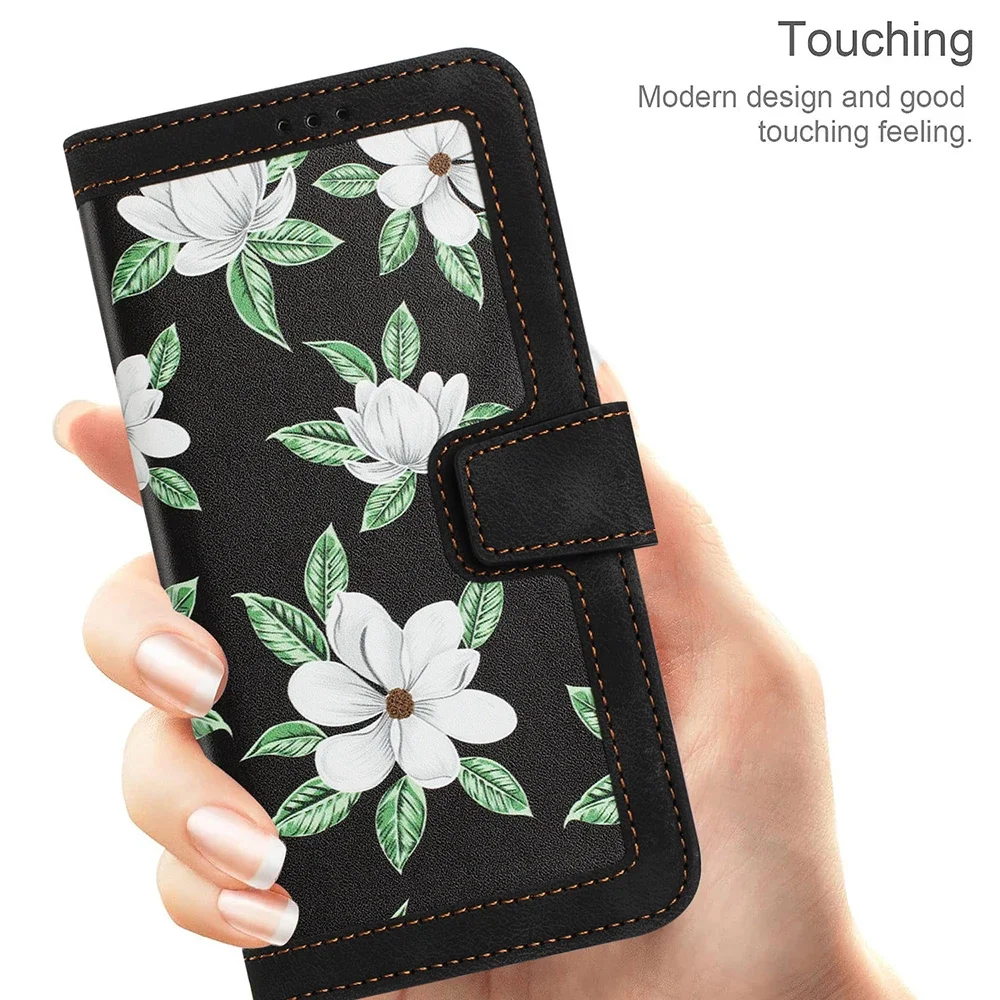 Elegant PU Leather Flip Wallet Case with Beautiful Floral Design and Convenient Wrist Strap