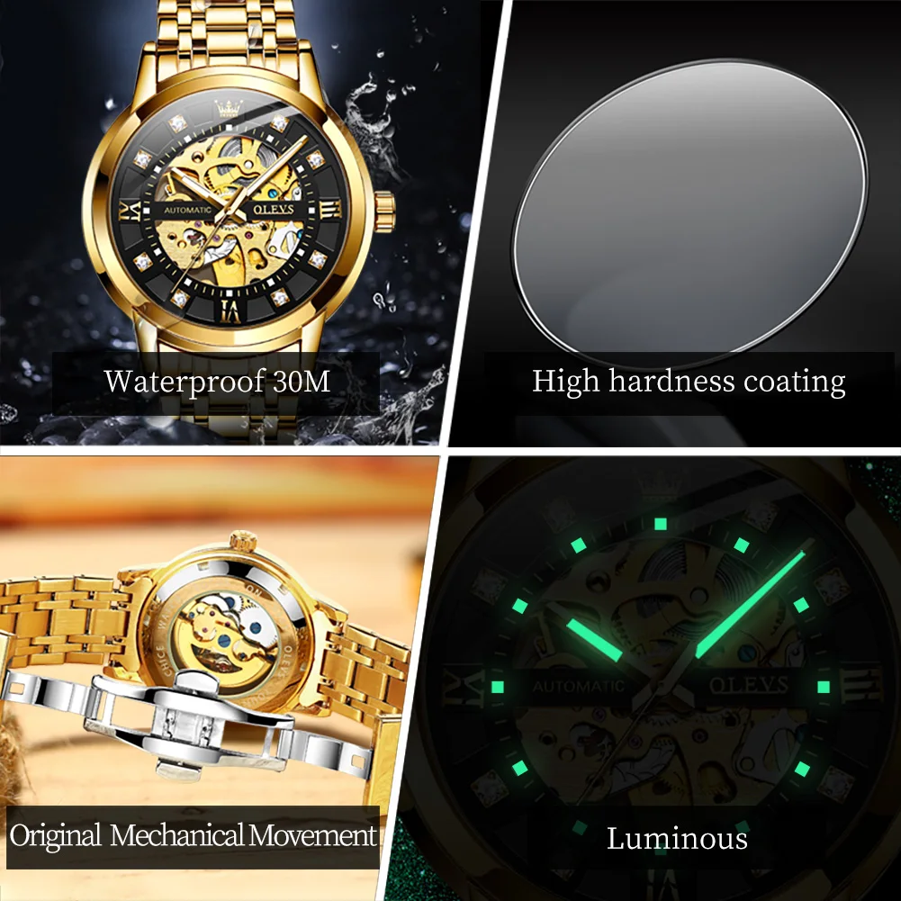 OLEVS New Fashion Skeleton Mechanical Watch for Men Stainless Steel Waterproof Luminous Hollow Watches Mens Relogio Masculino