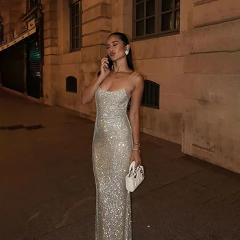 Abiti estivi sexy senza schienale Abito lungo da donna Moda scollo a U Slim Glitter Abito da sera Abiti estivi da spiaggia da donna 1