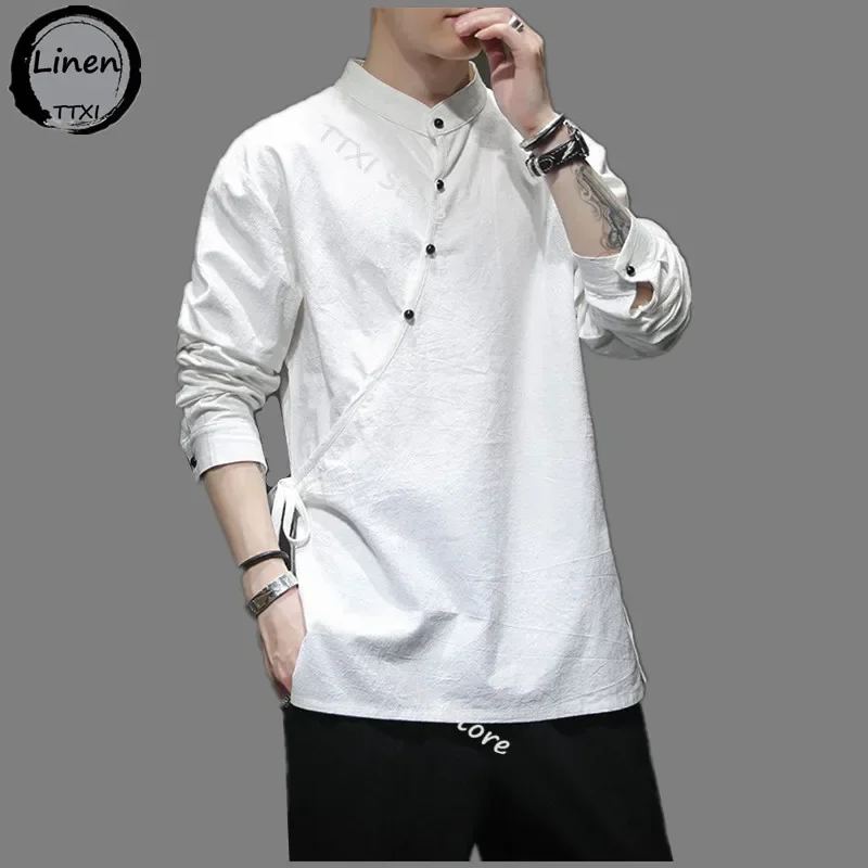 Mens Chinese Style Hemp Shirt Cotton Linen Tang Suit Hanfu Retro Stand-Up Collar Zen Clothes Harajuku tops Clothes Men Clothing cotton shirt