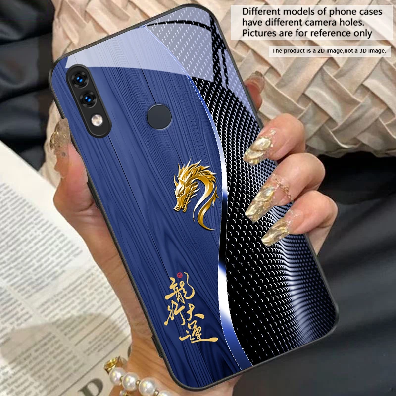Elegant Black Tempered Glass Phone Case with Traditional Dragon Totem Design