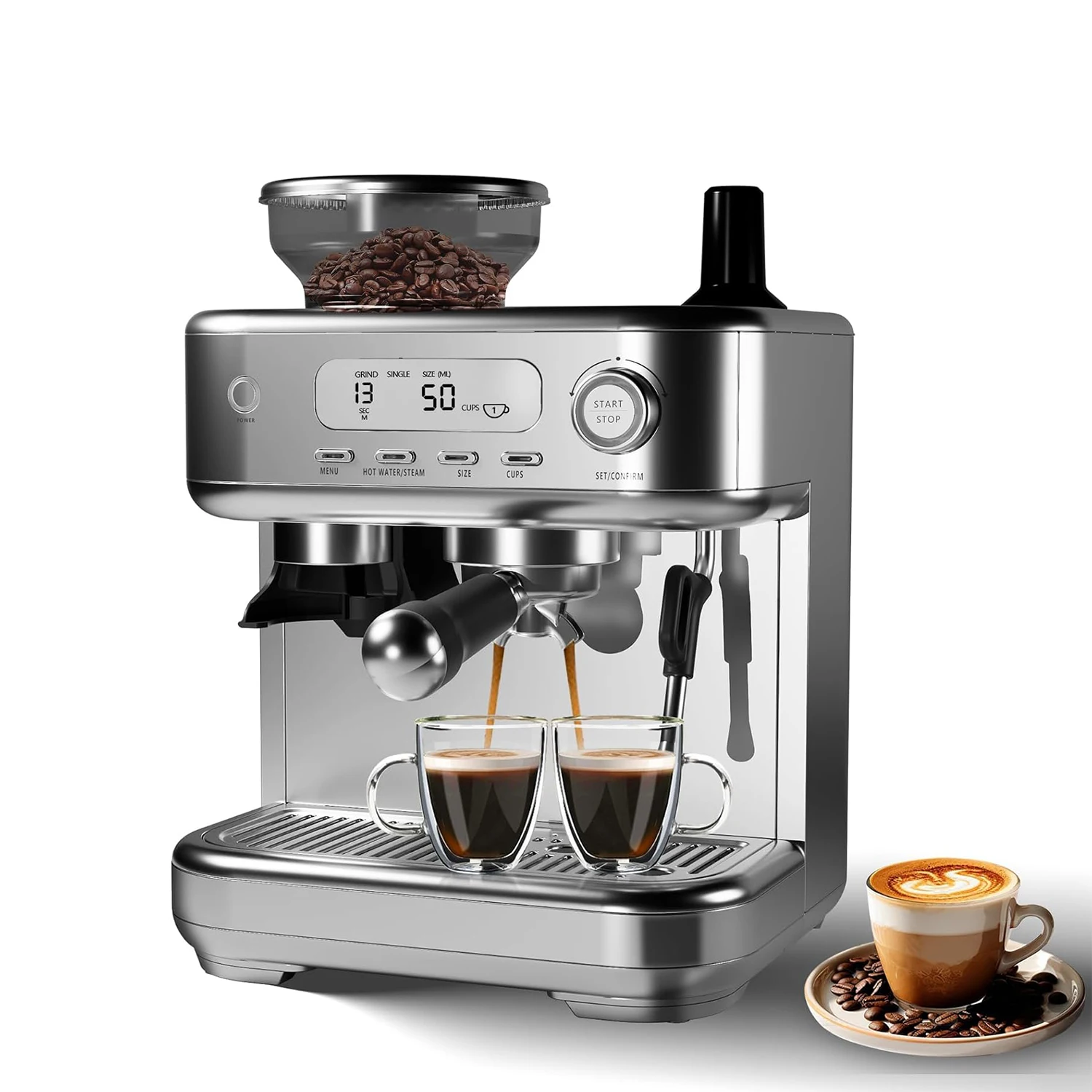 15 Bar Espresso Maker, Espresso Machine with Milk Frother Steam Wand, LCD Display Latte Barista Cappuccino Coffee Machine