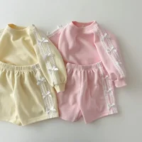 2025 Autumn Korean Baby Clothing Set New Girl's Tracksuit Suit Kids Long Sleeve T-shirts + Short Fashion 2Pcs Lace Bow Clothes