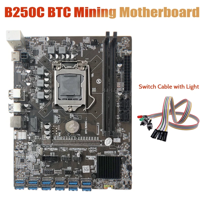 B250C Miner Motherboard+Dual Switch Cable with Light 12 PCIE to USB3.0 Graphics Card Slot LGA1151 DDR4 for BTC Mining best pc motherboard for music production