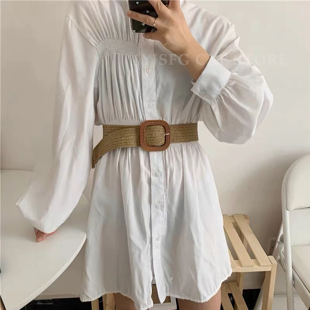 1PC Linen Weave Fake Straw Waist Belt Square Buckle Elastic Braided Belt For Women PP Grass Woven Belt  Dress Shirt Waistband