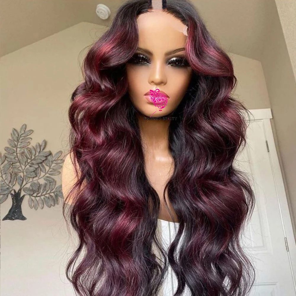 V&U Part Wig Human Hair Highlights Burgundy Wine 99J Red Glueless Wigs Body  Wave 100% Human Hair U Shape 30inches Full Machine| | - AliExpress