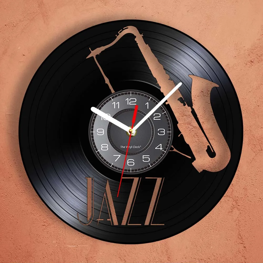Jazz Musical Instrument Vinyl Record Wall Clock Musical Arts Saxophone Carved Album Music Record Clock Music Room Longplay Decor 4