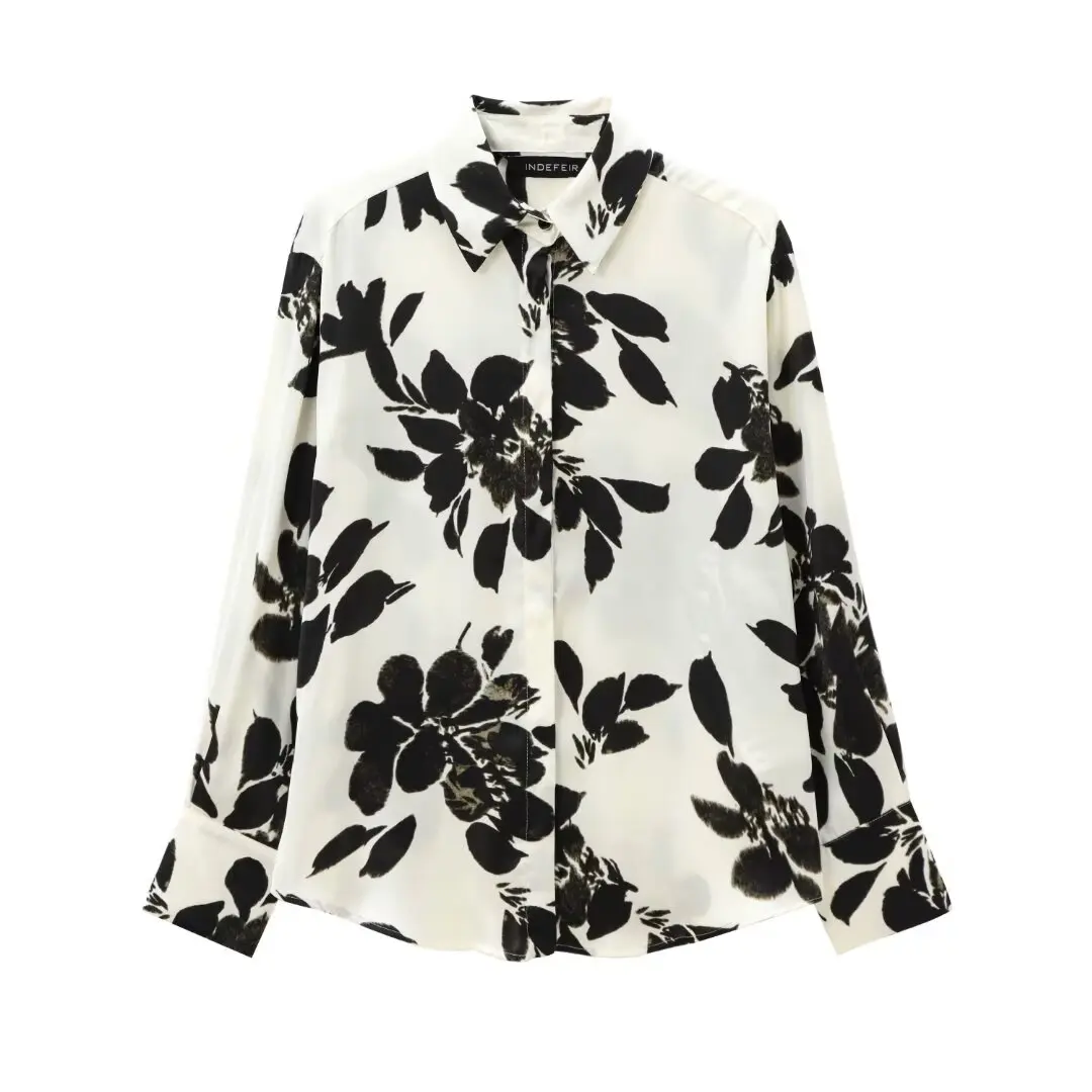 HH TRAF Camisa de seda satinada con estampado versátil y texturizada para mujer, elegante camisa de manga larga de un solo pecho para uso callejero