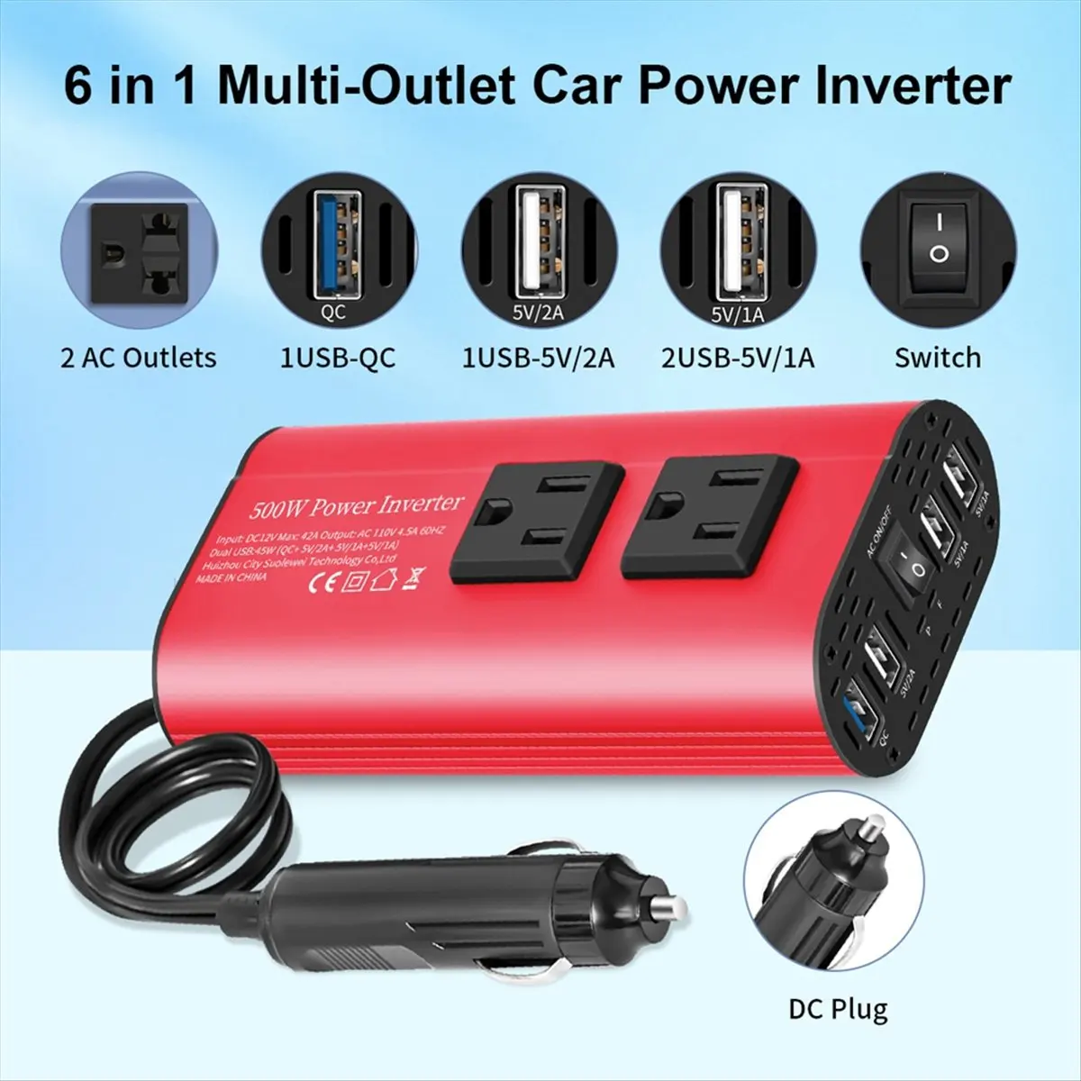 A40I 자동차 인버터 500W DC 12V 110V AC 자동차 인버터 변환기 미국 표준 소켓이 있는 자동 변압기