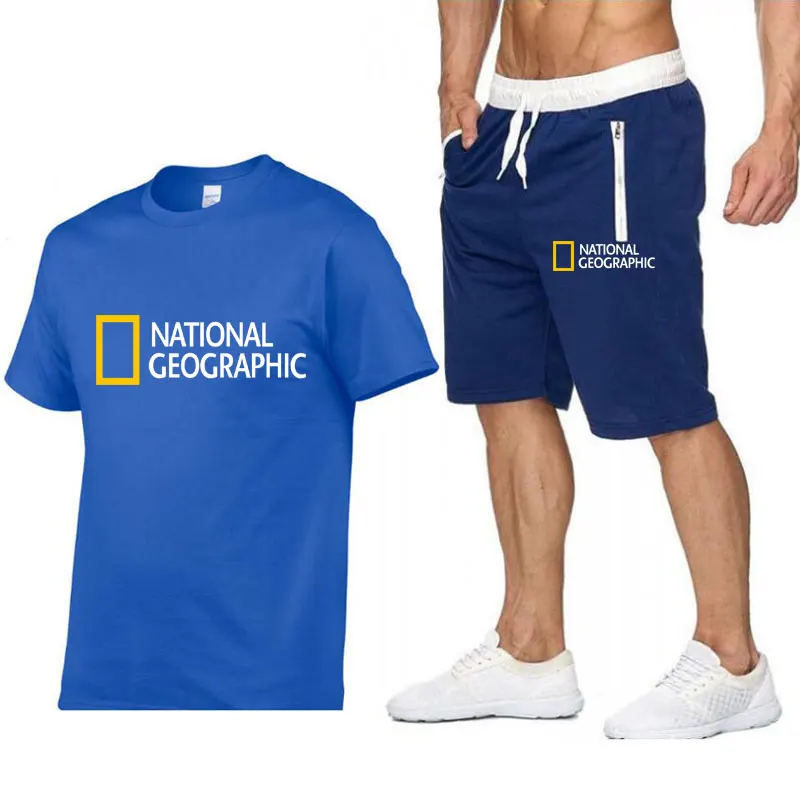 men's outfit sets National Geographic Indication Two Piece Suit Men's Cotton Short Sleeve T-shirt + Shorts  Man Casual Sports Wear Fitness Wear mens set