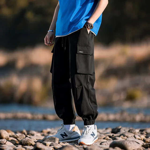 New Black Cargo Pants Hip Hop Joggers Men Loose Harem Pants Multi-pocket Ribbon Trousers Casual Streetwear Sport Pants for Men black