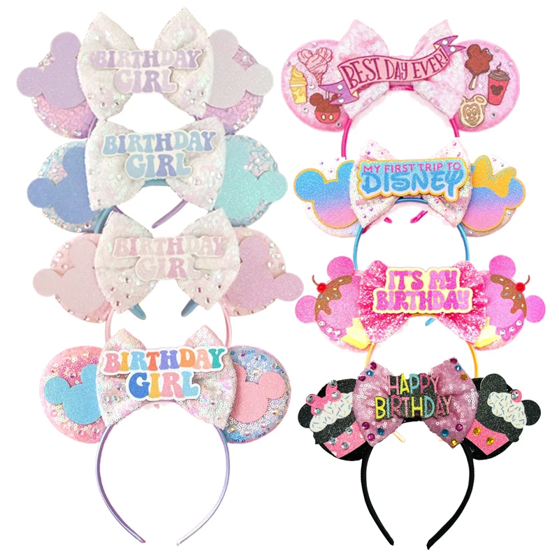 

Mickey Mouse Ears Headband Women Red Sequin Birthday Girl Bow Minnie Hair Bands For DIY Disneyland Hair Accessories Kid Gift