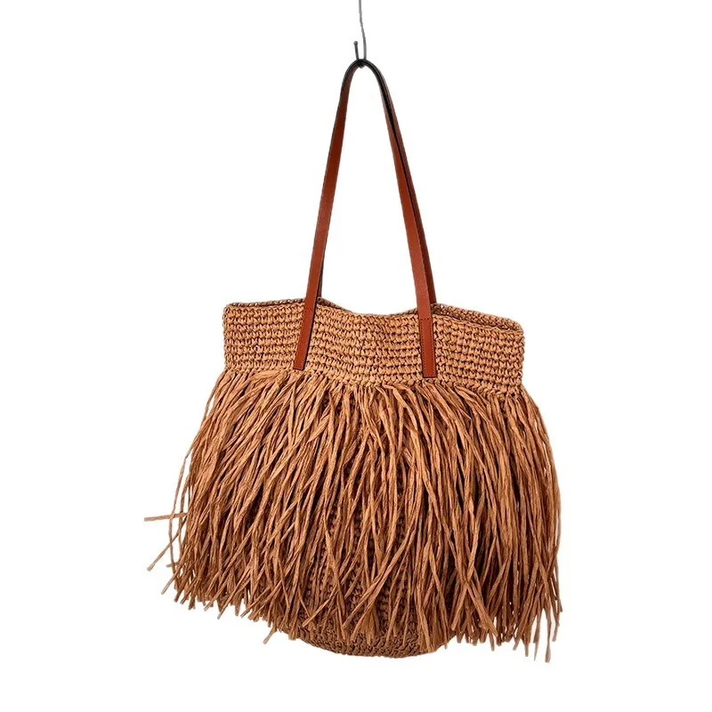 Casual Tassel Woven Women Shoulder Bags Handmade Fringe Lady Handbags Summer Beach Large Tote Bag Big Shopper Purse for Vacation
