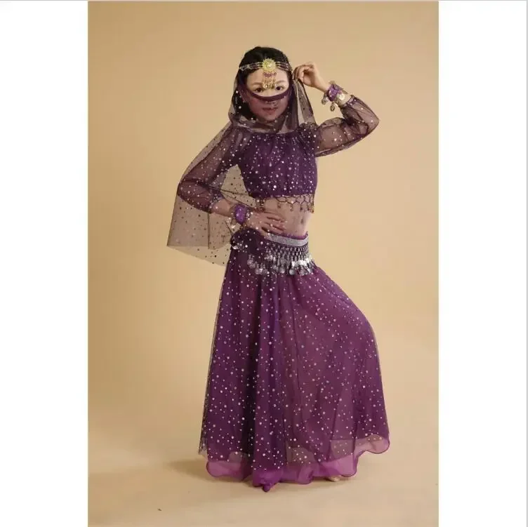 

Children Indian Dance 5-piece Girls Costume Set (Top, Dress, Veil , Waist Chain and Bracelet ) Bollywood Dance Costumes