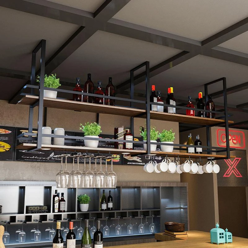 Industrial Style Solid Wood Iron Hanging Rack Storage Rack Bar Counter Restaurant Bar Kitchen Hanging Ceiling Cabinet