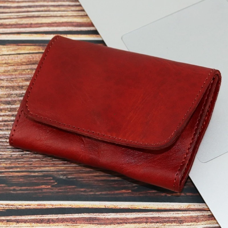Vintage Genuine Cowhide Leather Compact Wallet - Handmade Unisex Card Holder & Coin Purse