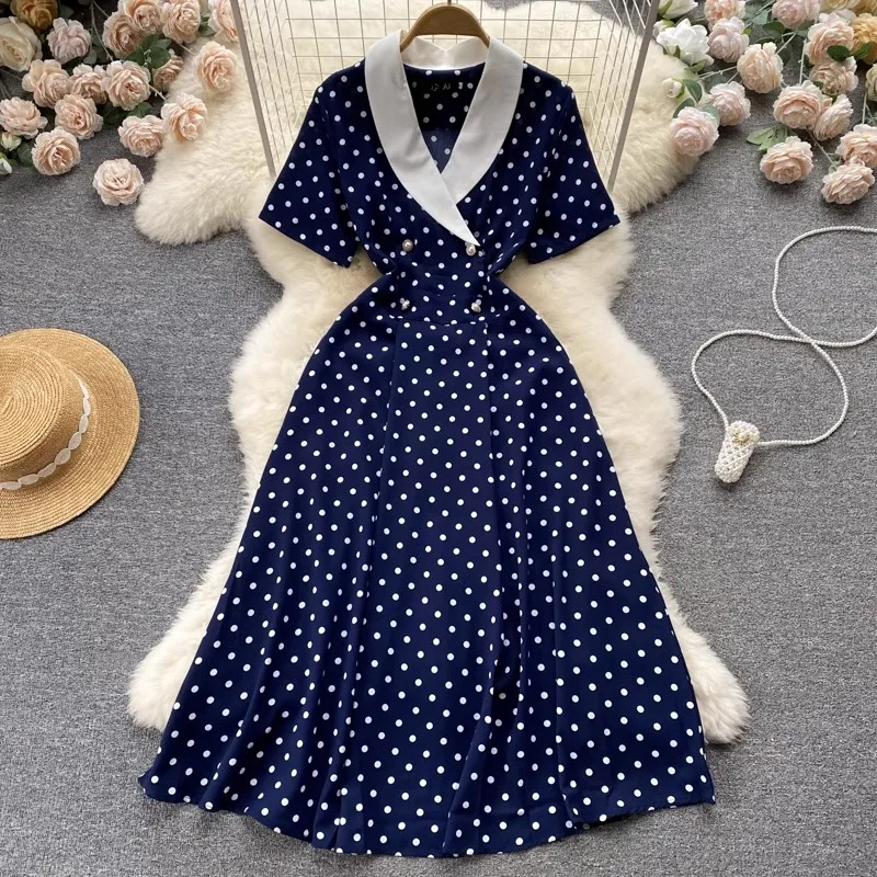 

High Quality Classic Summer Polka Dot Double-Breasted Chiffon Dress French Women Notched Short Sleeve Female Office Midi Vestido
