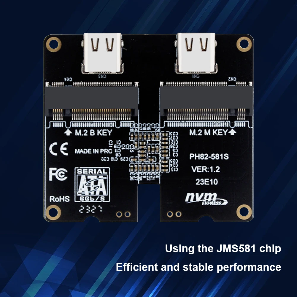 M.2 NVME 하드 디스크 어댑터 카드, 하드 드라이브 인클로저 어댑터 카드, 10Gbps JMS581 SATA NVME 지지대 M.2 SSD 2230-2280, USB3.1 Gen2