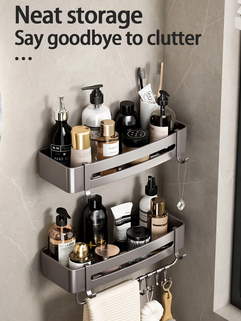 Description Picture 2 of itemBlack Shower Caddy, Metal Shower Shelf Wall Mounted Bathroom Shelves with Hooks, Bathroom Wall Storage Basket, Antirust