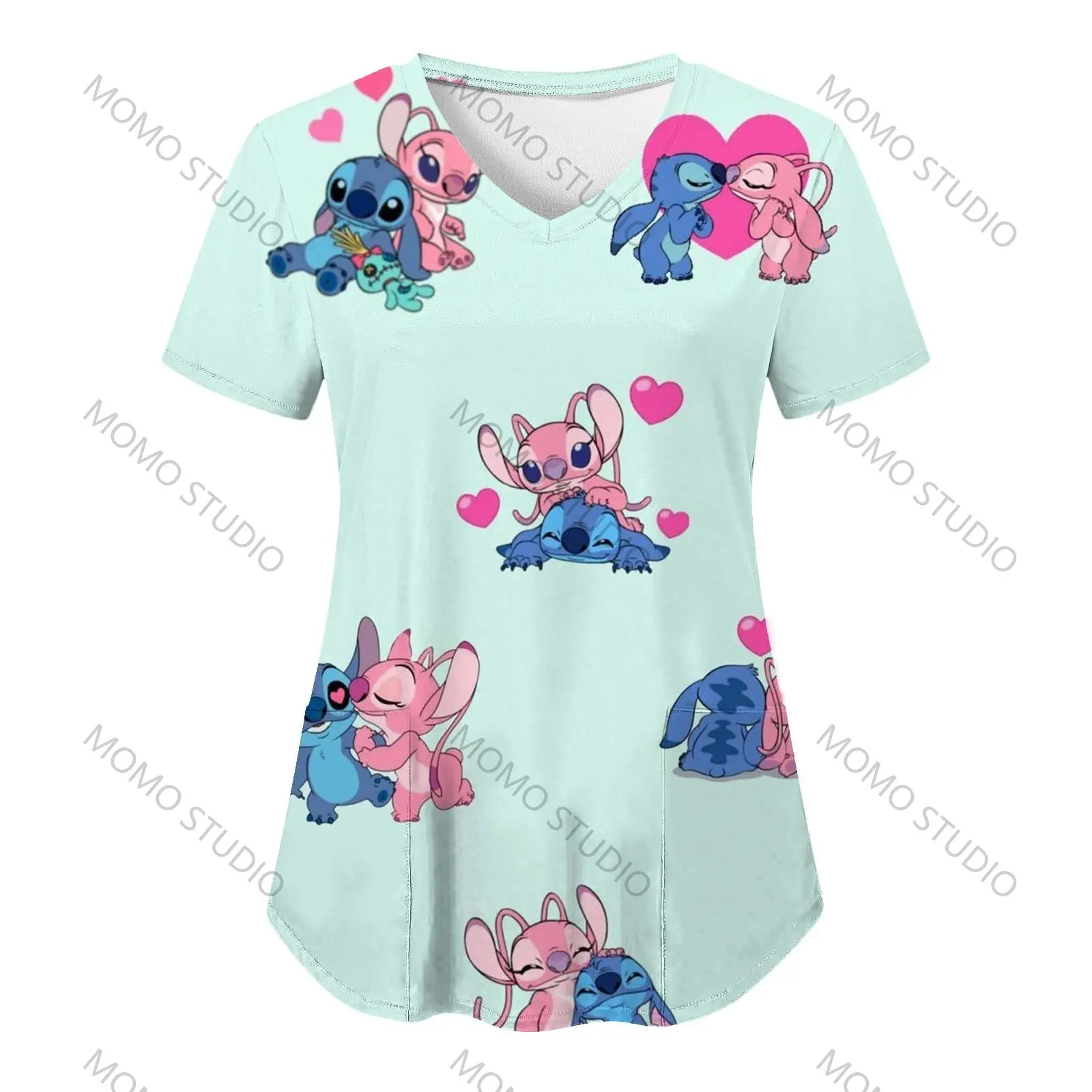 

Disney Hospital Pocket Lilo & Stitch Woman T-shirts Summer T-shirt New Nurse Uniform V Neck Y2k Clothing Uniform Pocket Neck Y2k