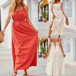 Vestido liso holgado con cuello redondo para mujer, hasta el tobillo prenda elegante, informal, de manga corta, con cinturón y cordones, novedad de Primavera de 2022