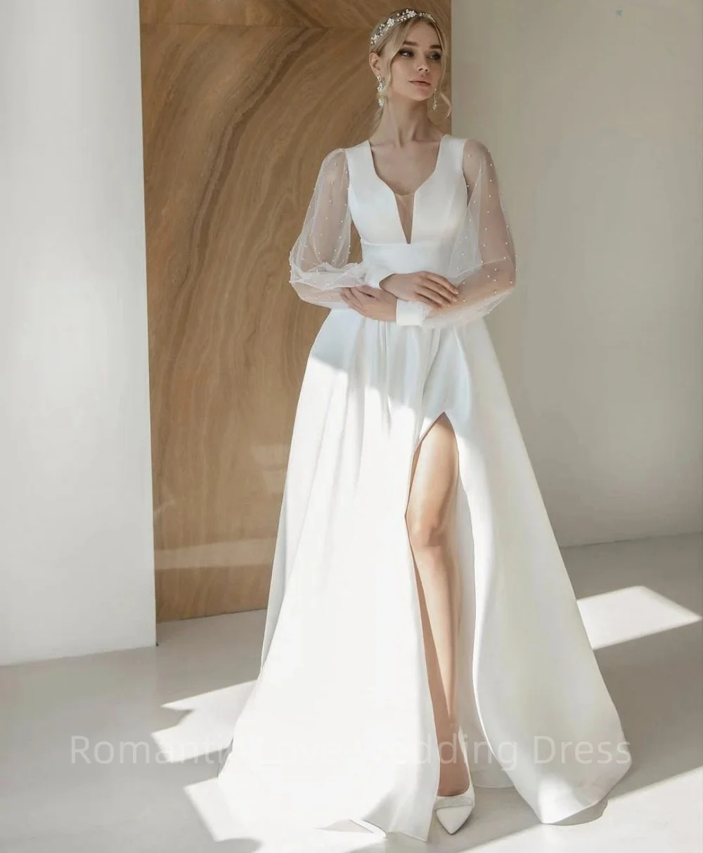 

Elegant Long Sleeve Wedding Dress Side Slit A-Line Floor Length Organza Tulle With Pearls Bridal Gowns Vestidos De Novia