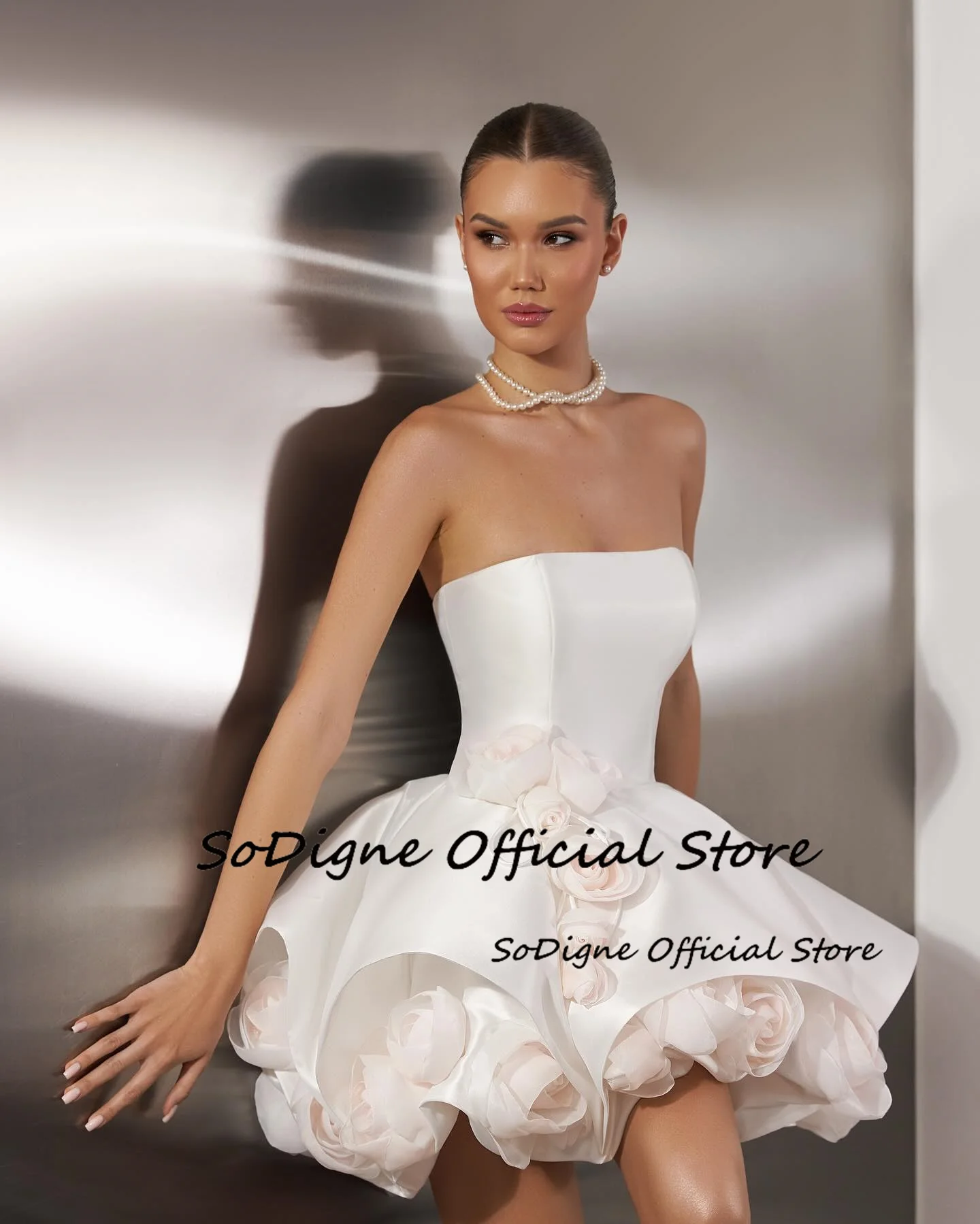 SoDigne A-line Satin Short Wedding Dresses Strapless Sleeveless 3D Flowers Bridal Dress Wedding Gown Robe De Mairee Customized 13 Sa9c005692c9e47d4b916e896465bedd3O