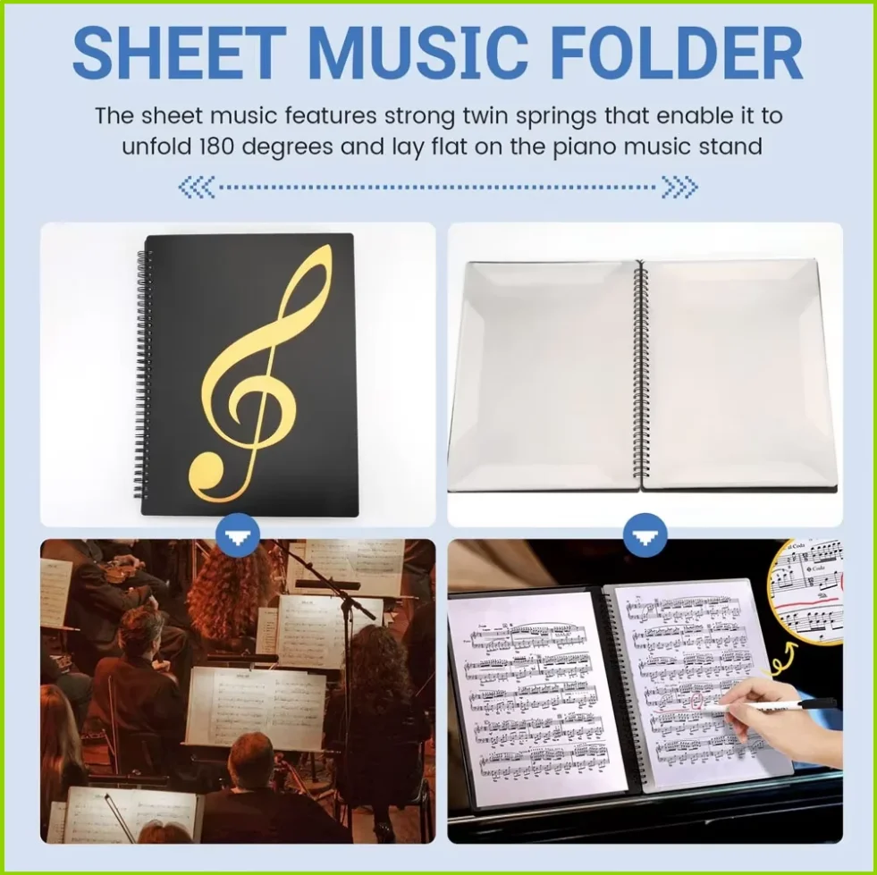 Cartella Flessibile per Spartiti di Pianoforte da 40 Pagine, Formato A4, con Clip per Libri di Musica, Raccoglitore per Fogli di Carta per Pianoforte, per la Pratica - immagine 6