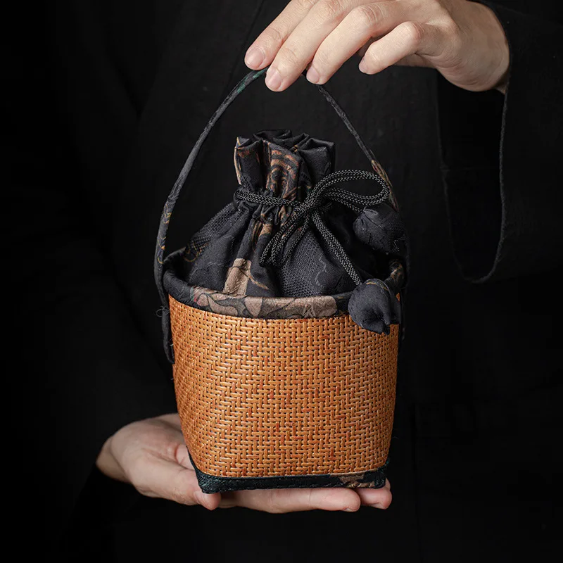Rattan Pattern Small Bag,Travel, Outdoor Cover Bowl, Portable Organizer, Owner's Cup Teapot Bag, Spliced Drawstring Pocket 3