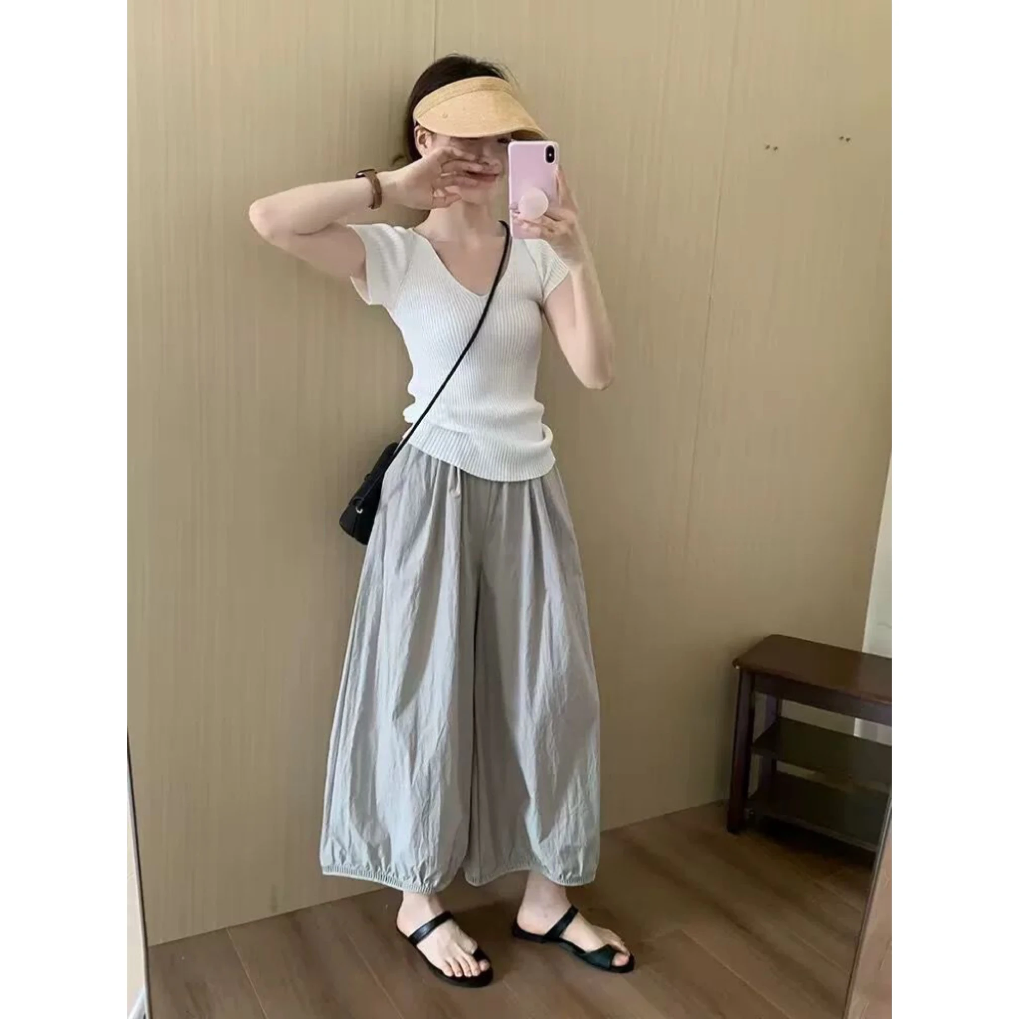 임산부용 속이 비치는 와이드 레그 9부 여름 얇은 캐주얼 팬츠 슬림 스트레이트 루즈 랜턴 팬츠 얇은 면 폴리에스터