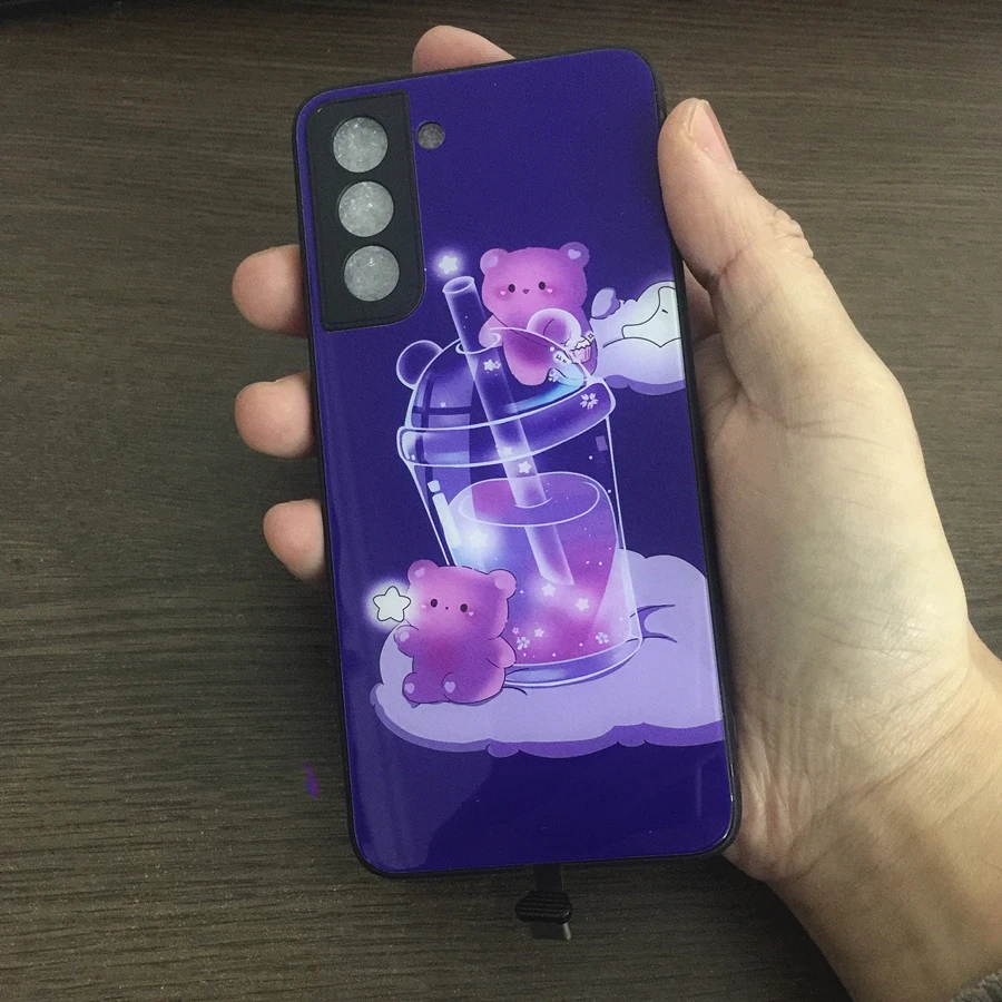 3D Lila Bear-Fall Für Samsung Galaxy S22 S21 S20 FE Ultra S10 S8 S9 Hinweis 20 8 9 10 Plus A51 A71 A72 Glas Leucht Abdeckung