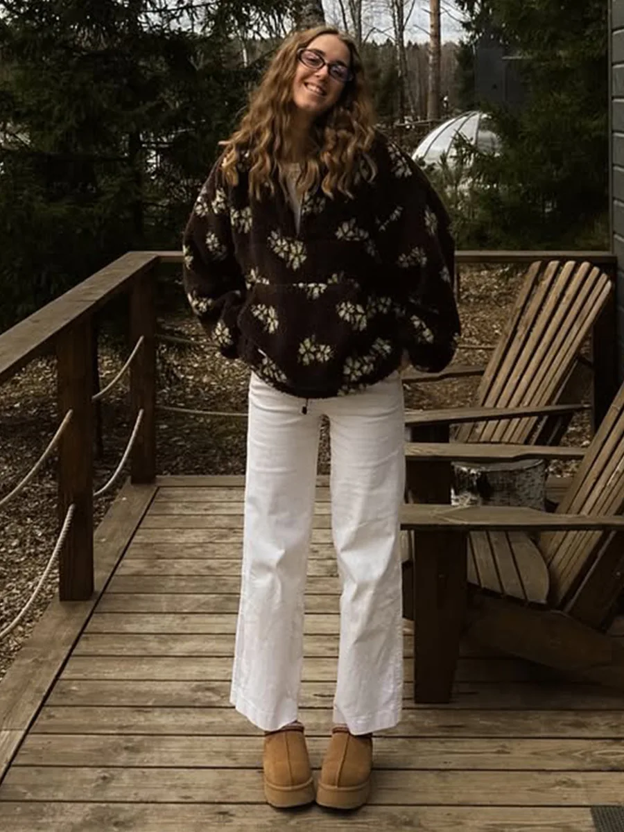 Bornladies Autumn Winter Women's Sherpa Floral Hoodies Half Zip Style Loose Fit Warm Stylish New Sweatshirt