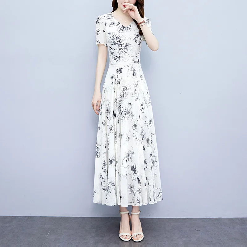 

2023 Summer New Fashionable Chiffon Fragmented Flower Dress Large Waist Wrapping Style Slim Cover Belly Long Dress for Women