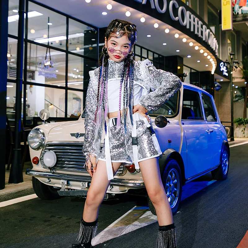 

Girl Catwalk Fashion Show Costumes Streetwear Jazz Street Dance K-pop Stage Outfits Urban Kids Hip Hop Runway Sequin Clothes Set