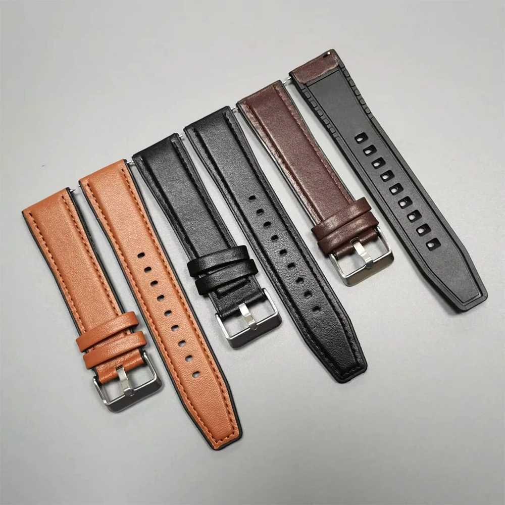 22mm Leather Silicone Hybrid Watch Strap Replacement Band, 46mm Bracelet Correa