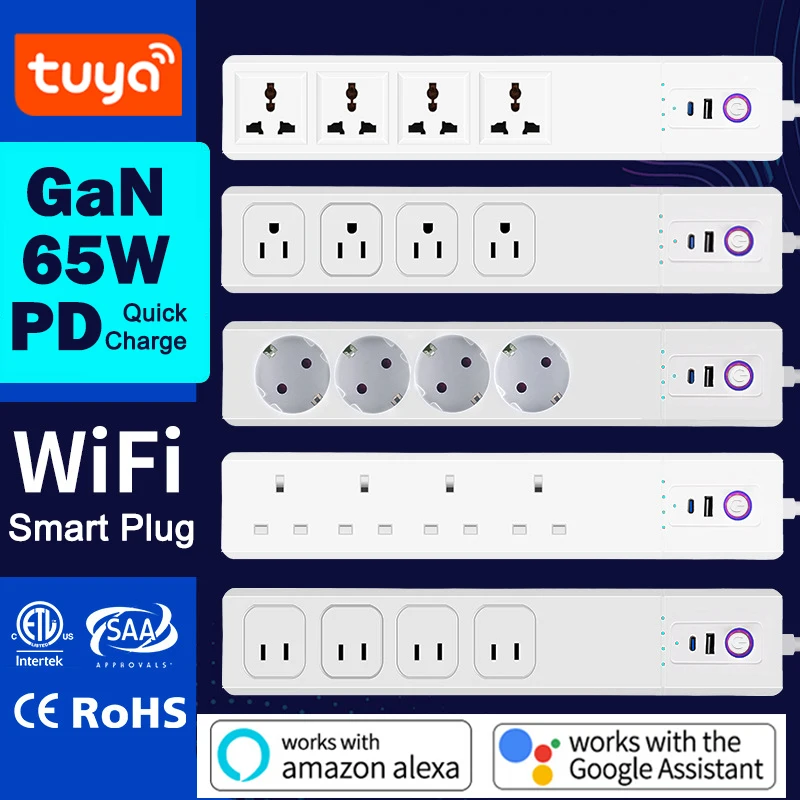 PD65W GaN Tuya Wifi Smart Plug 16A Power Strip Extension Cord USB