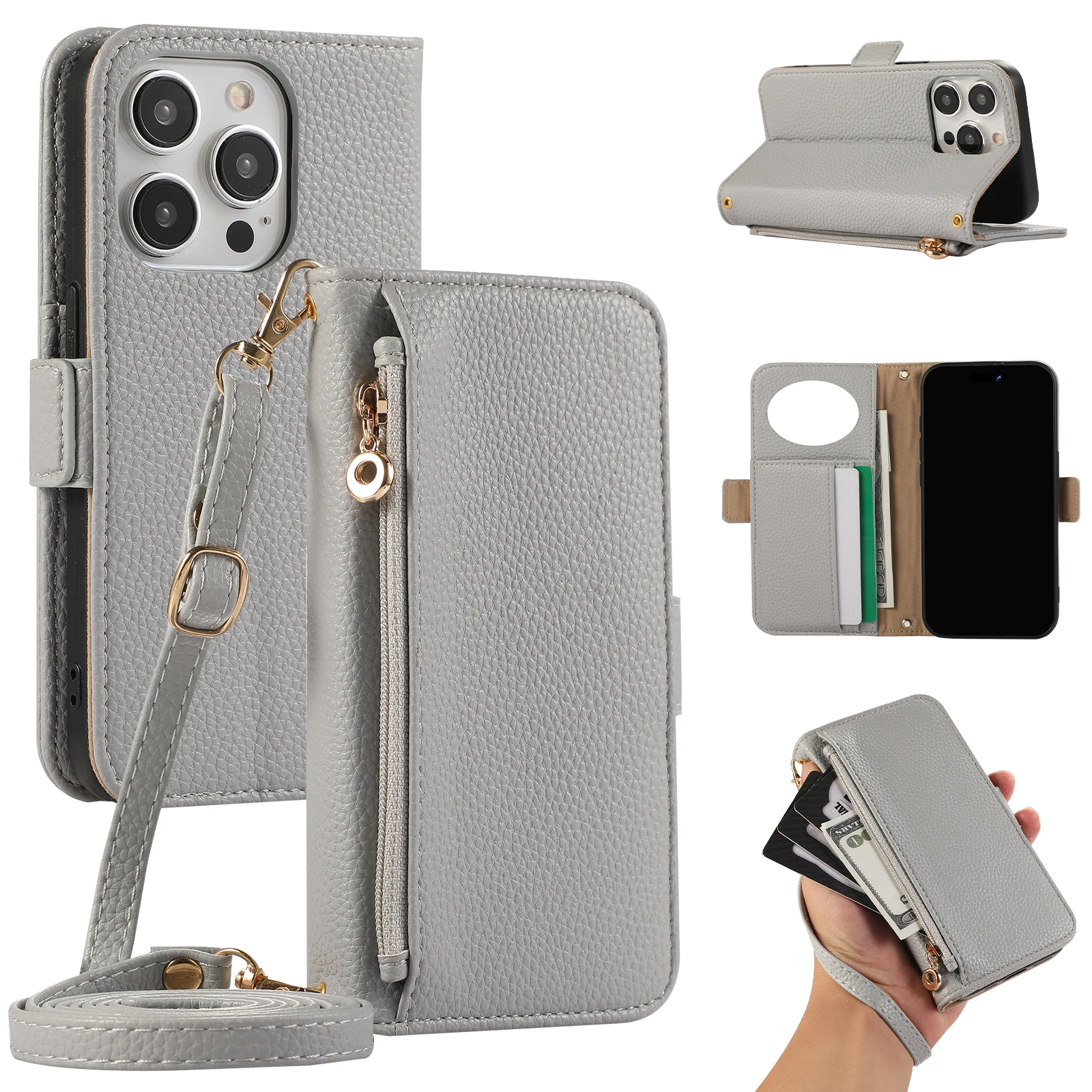 Sleek Leather Crossbody Wallet with Card Holder & Phone Case
