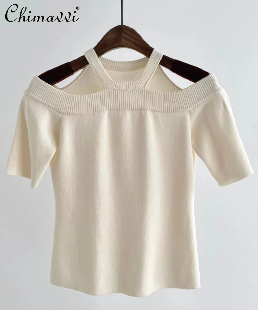 

Женская трикотажная футболка, Элегантная универсальная Повседневная футболка с открытыми плечами и коротким рукавом, лето 2024